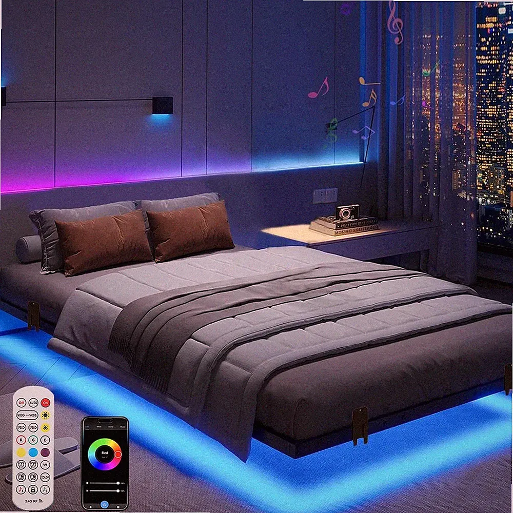 Bettgestell Doppelbett 140x200cm mit Lattenrost, Schwebebett Gestell mit LED