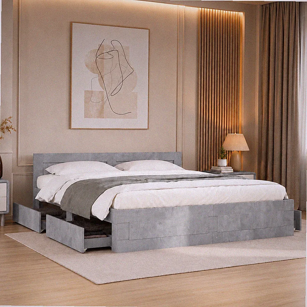 Bettgestell Doppelbett Bett Bettrahmen Kopfteil Schubladen Betongrau 160 x 200cm