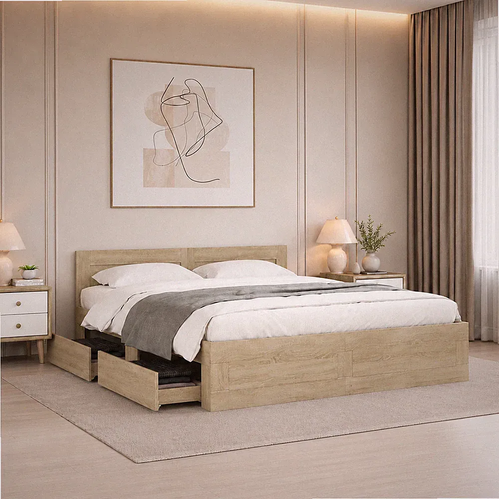 Bettgestell Doppelbett Bett Bettrahmen Kopfteil Schubladen Eiche | 150 x 200cm