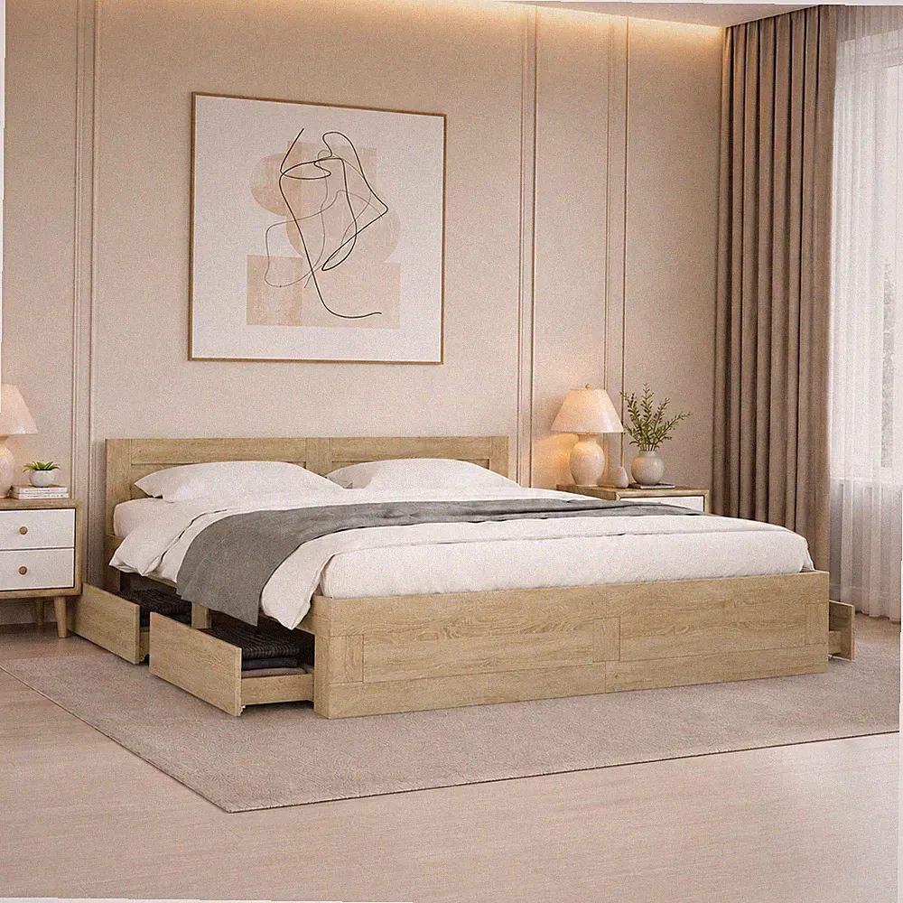 Bettgestell Doppelbett Bett Bettrahmen Kopfteil Schubladen Eiche | 160 x 200cm