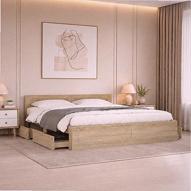 Bettgestell Doppelbett Bett Bettrahmen Kopfteil Schubladen Eiche | 180 x 200cm