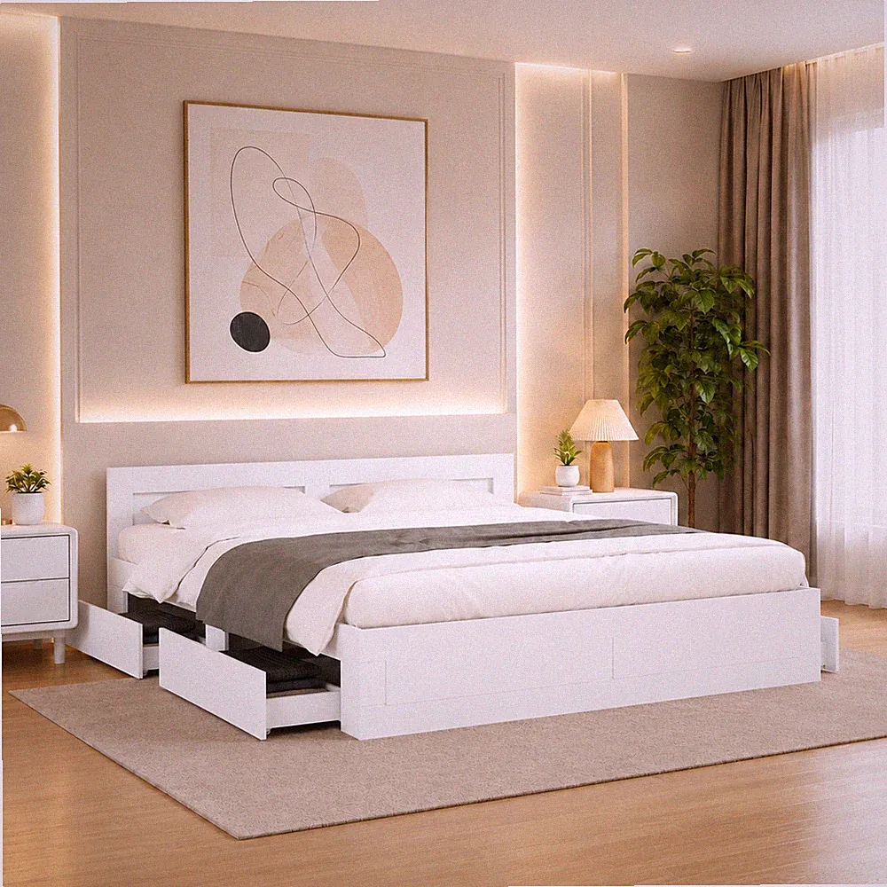 Bettgestell Doppelbett Schlafzimmer Bett Bettrahmen Kopfteil Weiß | 160 x 200cm