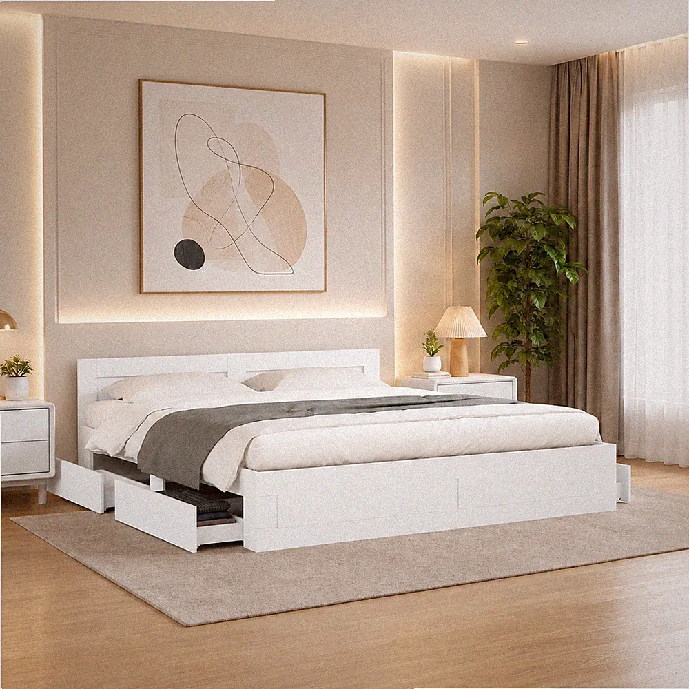 Bettgestell Doppelbett Schlafzimmer Bett Bettrahmen Kopfteil Weiß | 180 x 200cm