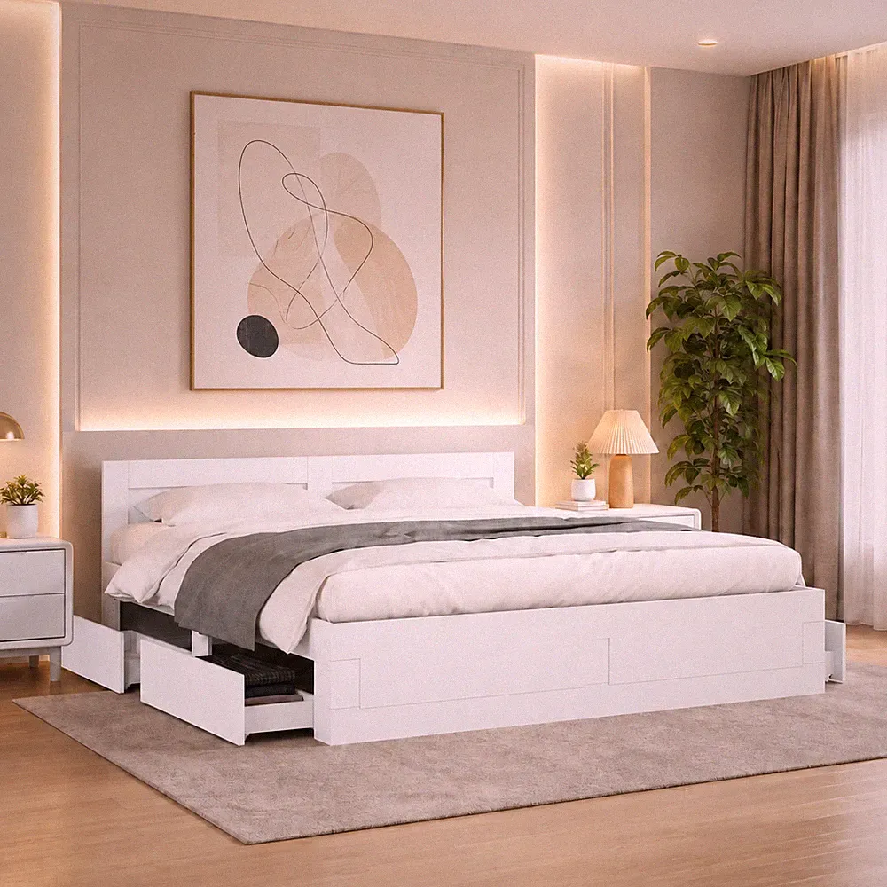 Bettgestell Doppelbett Schlafzimmer Bett Bettrahmen Kopfteil Weiß | 200 x 200cm