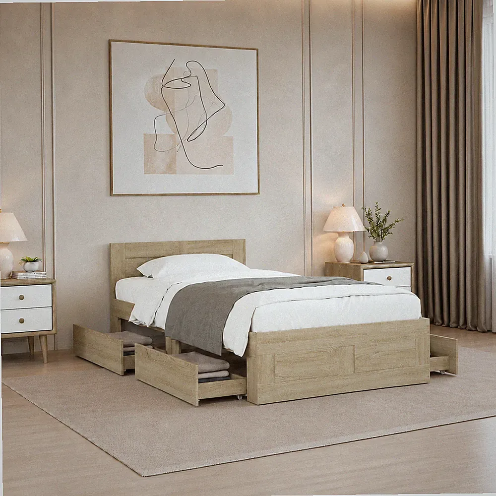 Bettgestell Einzelbett Bett Bettrahmen Kopfteil Schubladen Eiche | 100 x 200cm