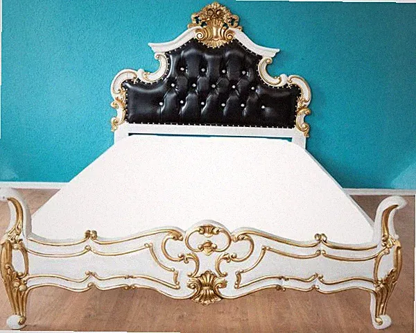 BETTGESTELL JUGEND-SINGLE-BETT 140 X 200 HOLZ WEISS-GOLD POLSTER SW BAROCK-STIL