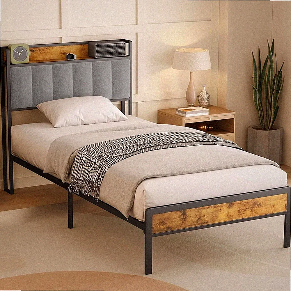 Bettgestell Metalllattenrost Polsterbett Modern 90x200cm Hellgrau