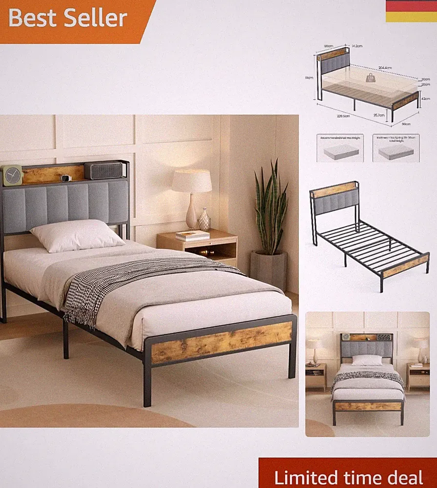 Bettgestell mit Metalllattenrost Polsterbett 90x200cm Hellgrau modern
