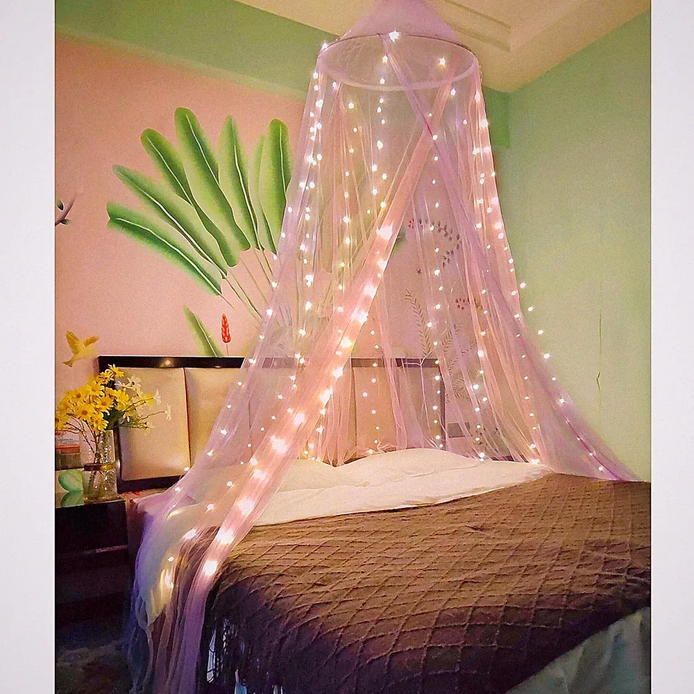 Betthimmel Moskitonetz rosa lila mit LED Lichter Mädchen Kinder Bett Baldachin