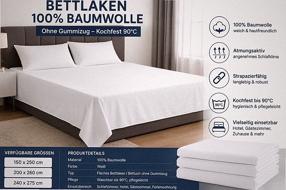 Bettlaken 100% Baumwolle Weiß – Bettuch Laken ohne Gummizug – Hautfreundlich neu