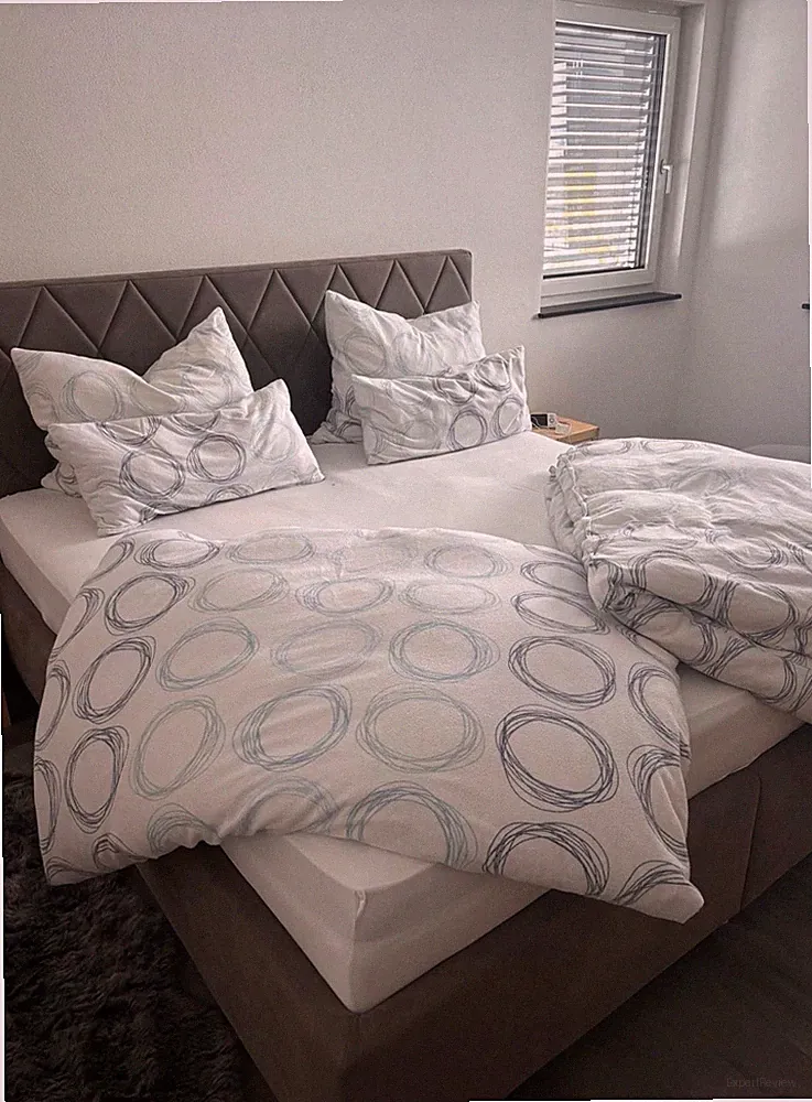 Bettrahmen 180x200 Stoff bezogen, gepolstertes Kopfteil Grau/Beige, Kreise