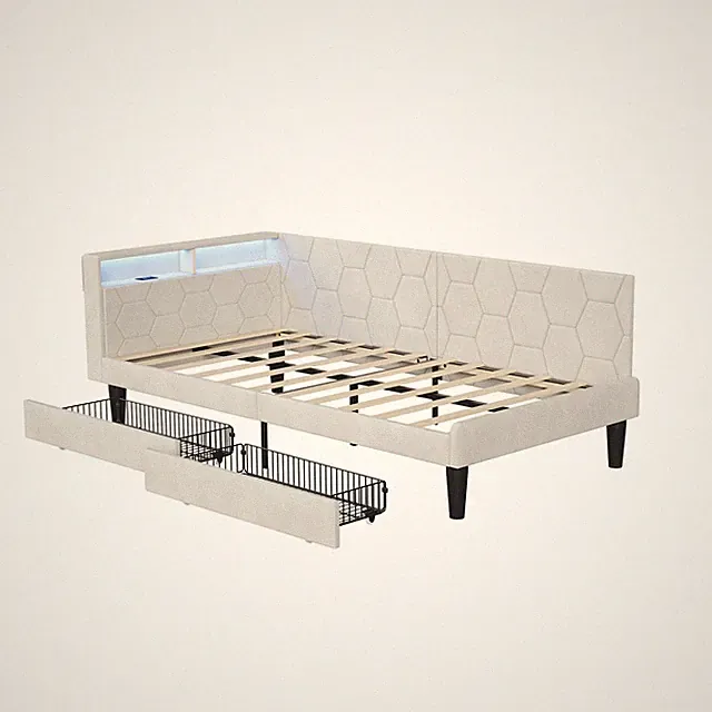 Bettsofa Polsterbett Einzelbett 90x200cm mit Stauraum 2 Schubladen LED USB Beige