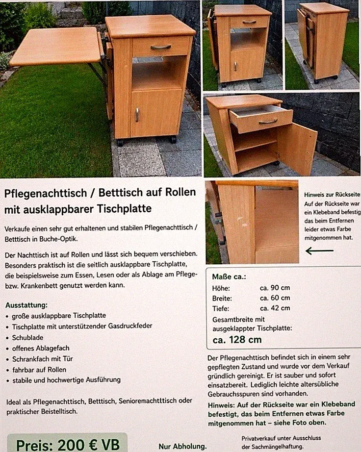 Betttisch Pflegerolltisch auf Rollen, ausklappbare Platte, Schublade Buche