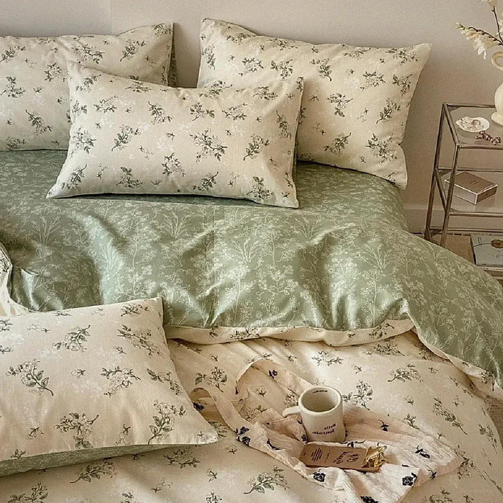 Bettwäsche 155x220 Baumwolle Blumenmuster Beige Grün Pflanzen Schlafzimmer