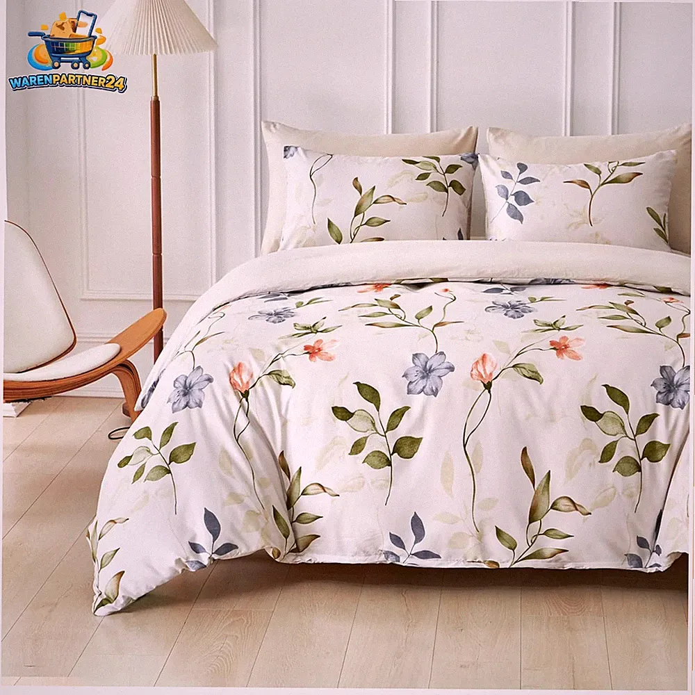 Bettwäsche 200x200 3-teilig Mikrofaser Herbst Blattdesign Beige für Doppelbetten