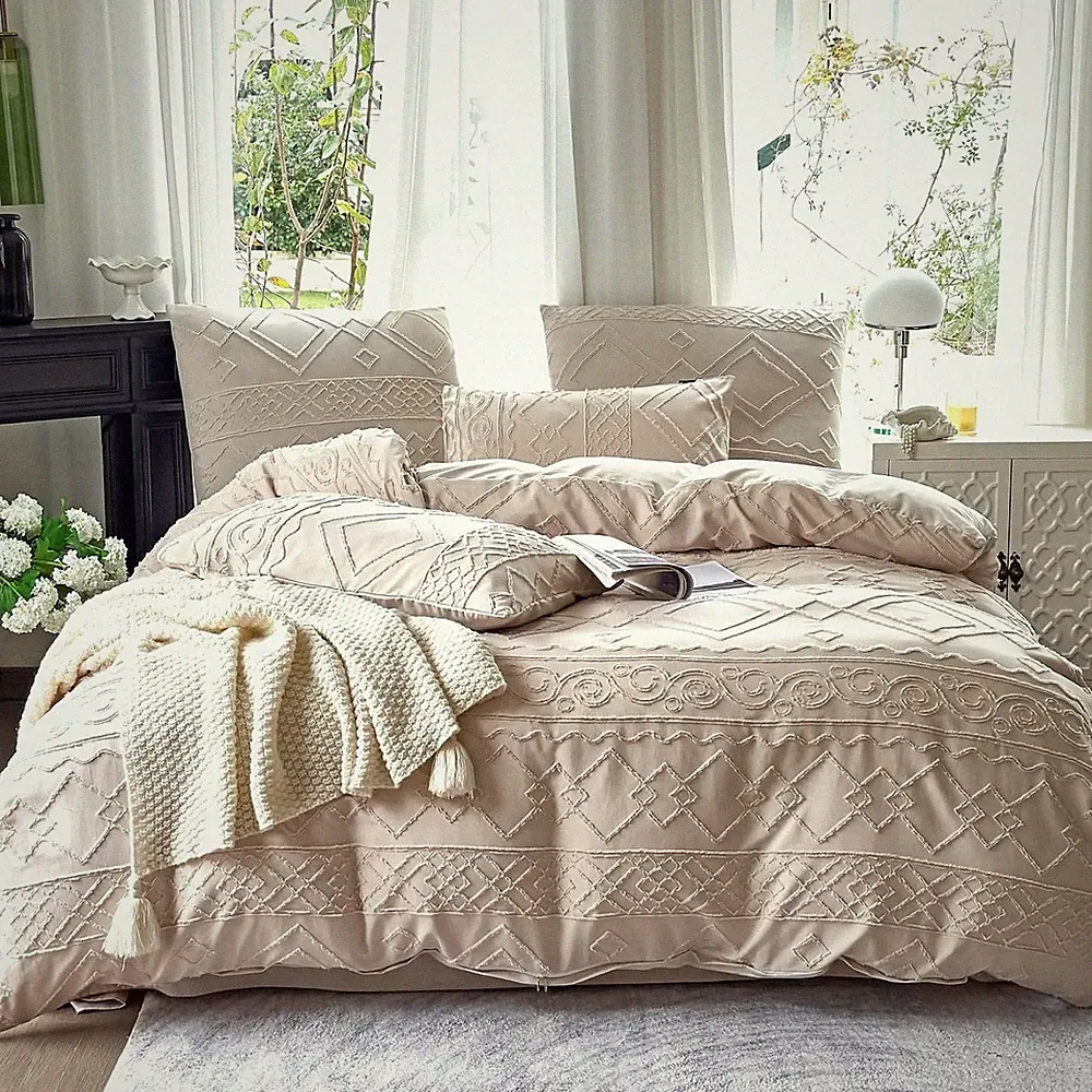 Bettwäsche 200x200 Beige Getuftet 3-teilig Mikrofaser Bügelfrei Reißverschluss