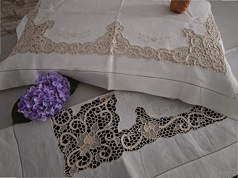 Bettwäsche aus reinem Leinen mit Handstickerei Burano di Venezia ecrù Farbe