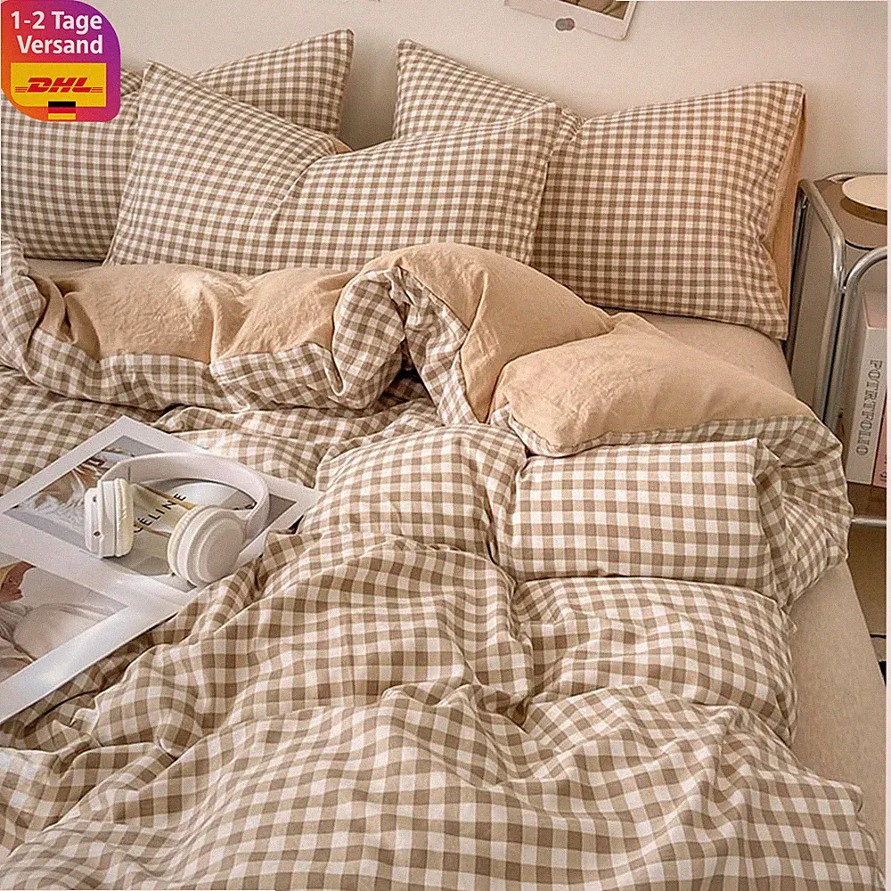 Bettwäsche Beige Kariert Bettbezug 135x200 Kissenbezug 80x80cm Schlafzimmer