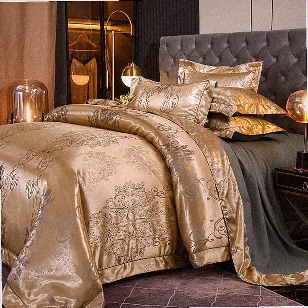 Bettwäsche Satin 200x220cm Gold Seide Glanz Jacquard Sommer Mikrofaser