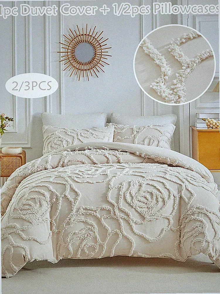 Bettwäsche-Set 200x200 cm Beige Blumen 100% Mikrofaser Decken- & Kissenbezug