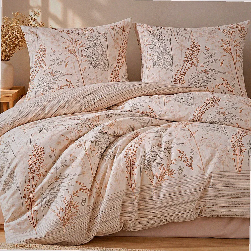 Bettwäsche-Set Botanisch Weiß/Beige/Braun 135x200 cm 2-tlg Reißverschluss