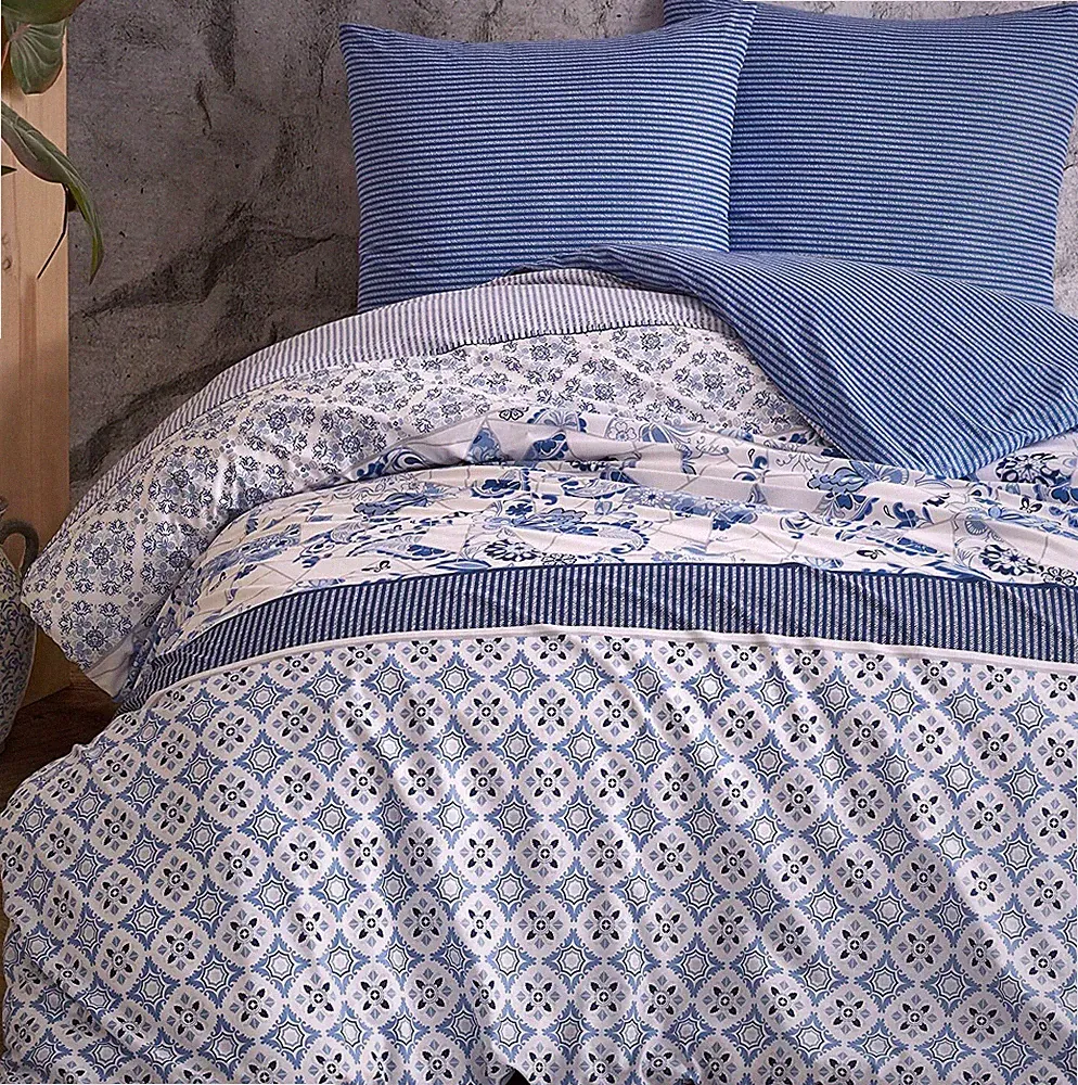 Bettwäsche Set Paisley Streifen Blumen Retro blau weiß Wende Baumwolle Renforce