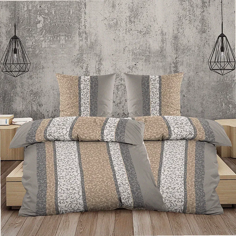 Biber Bettwäsche 135x200 cm Grau Beige | 100% Baumwolle Streifen Schnörkelmuster