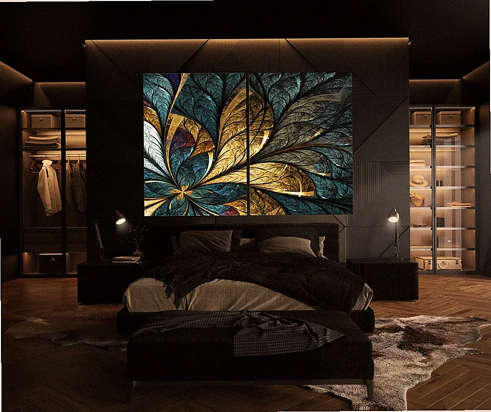 BLATTGOLD Abstrakt Leinwand Bild Modern über Bett Sofa Schlafzimmer Wandbild XL