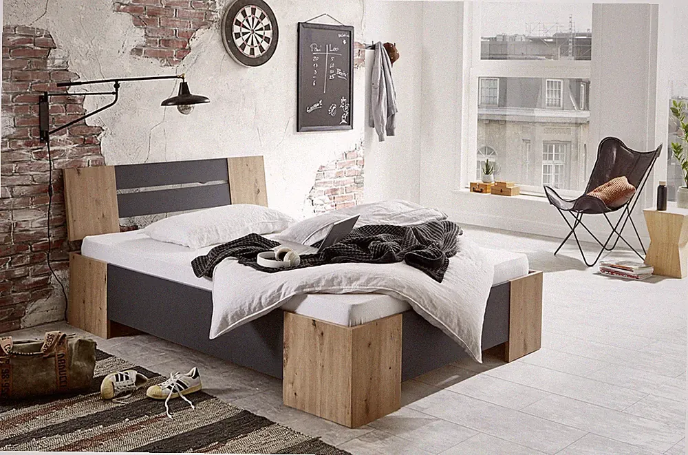 BMG Möbel Futonbett Graz Artisan Eiche/ Anthrazit Holzbett Doppelbett 140x200 cm