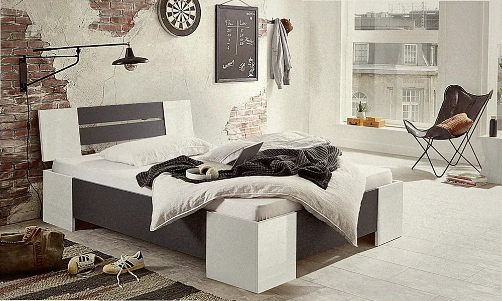 BMG Möbel Futonbett Graz in weiß/ anthrazit Holzbett Doppelbett 140x200 cm