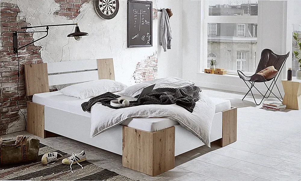 BMG Möbel Futonbett Graz in weiß/ Artisan Eiche Holzbett Doppelbett 140x200 cm