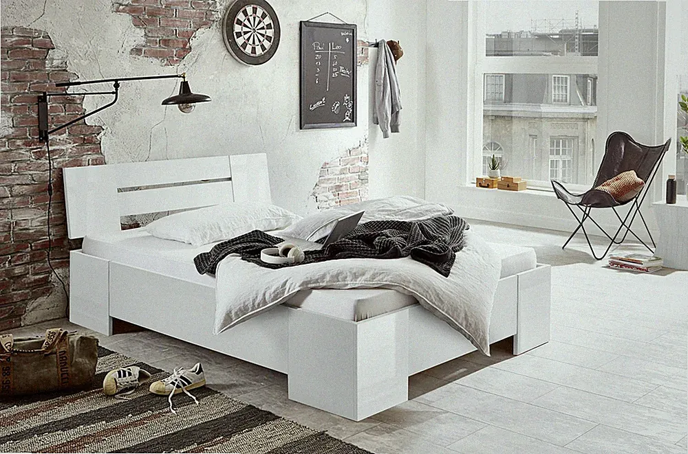 BMG Möbel Futonbett Graz in weiß Hochglanz Bett Holzbett 140x200 cm mit Rollrost