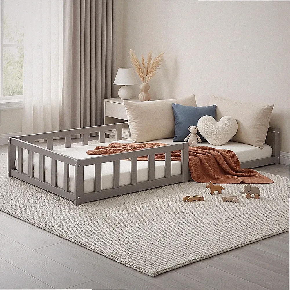 Bodenbett 90x200 Kinder mit Rausfallschutz Kinderbett Holzbett Grau Homestyle4u