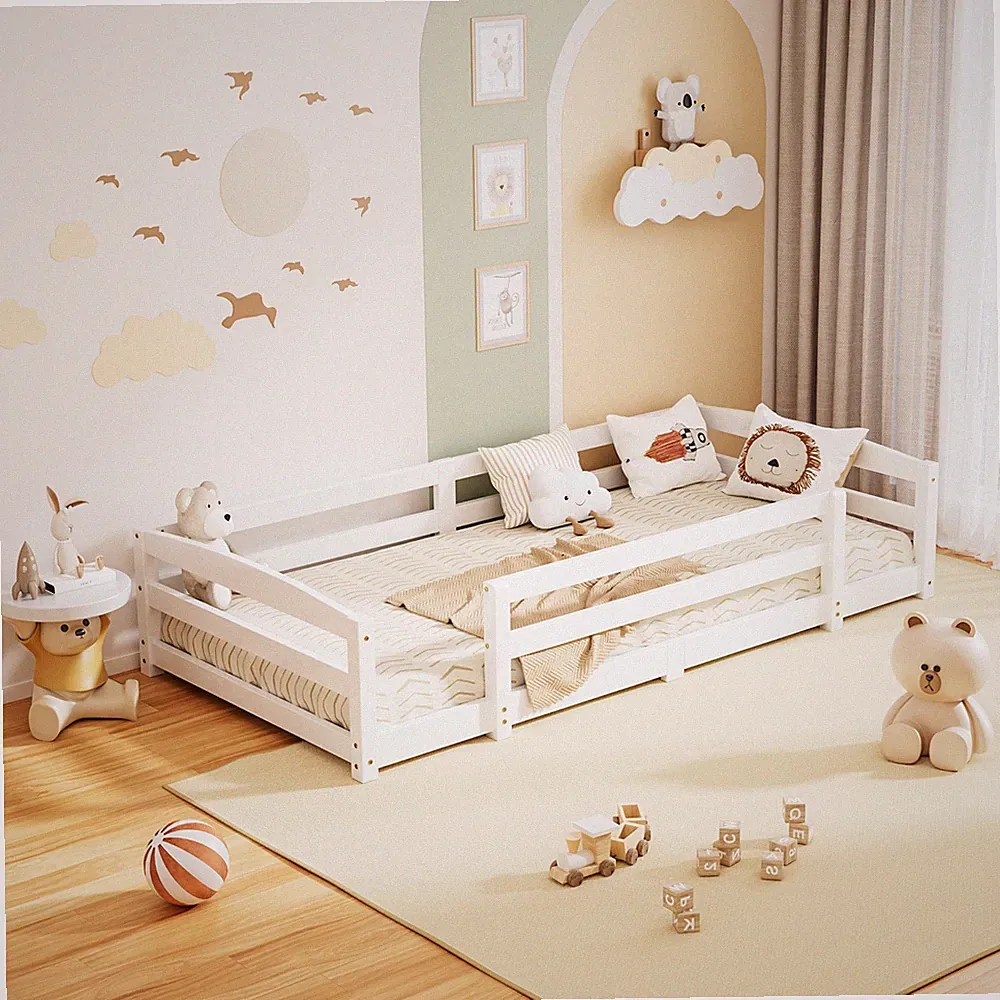 Bodenbett 90x200cm Montessori Kinderbett mit Rausfallschutz&Lattenrost Kiefer