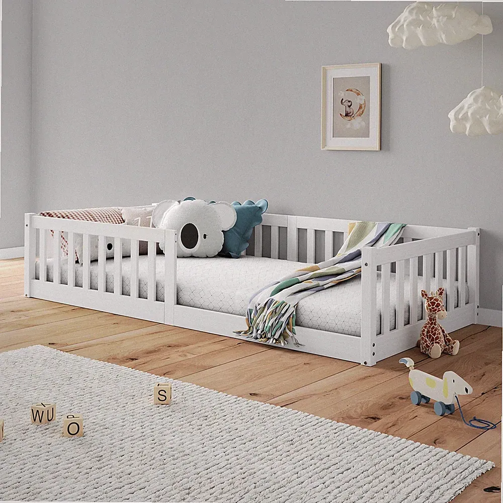 Bodenbett Kinderbett mit Lattenrost und Rausfallschutz Montessori Bett Weiß