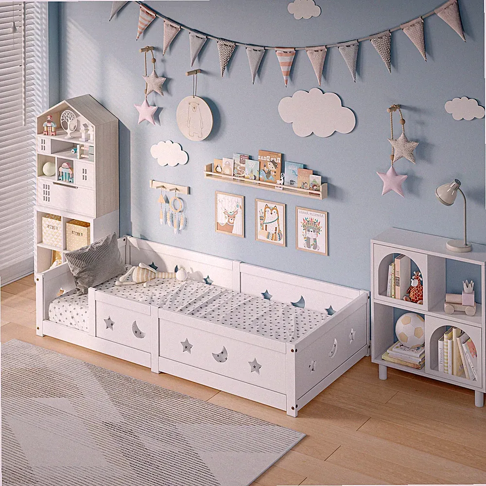 Bodenbett Montessori Kinderbett 90-140x200cm mit Rausfallschutz abnehmbaren Weiß