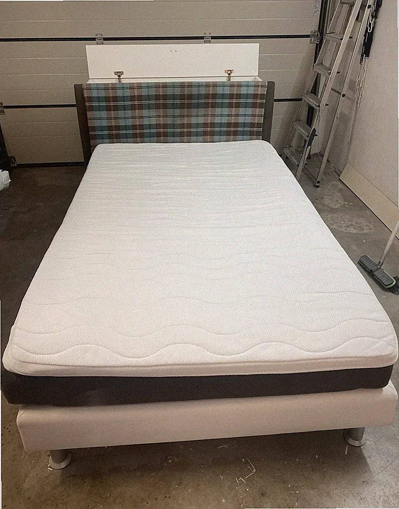 Boxspringbett 120x200 mit Matratze & Stauraum, kariertes Stoff-Kopfteil