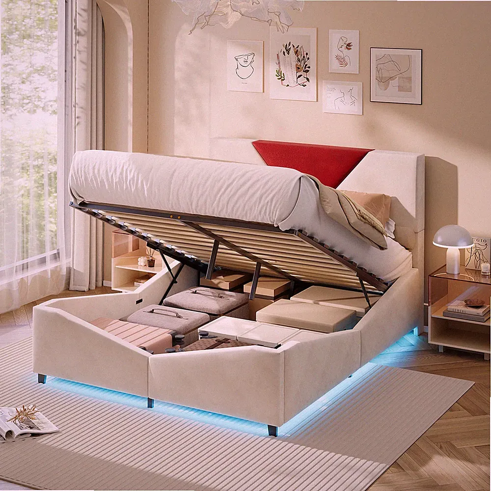 Boxspringbett 140*200 cm Polsterbett Doppelbett mit LED Stauraum Lattenrost Bett