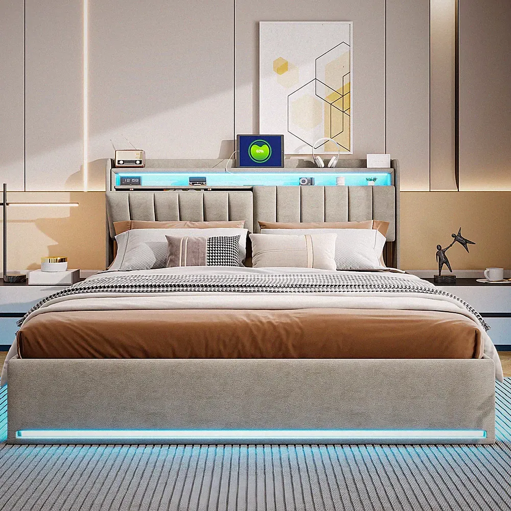 Boxspringbett 140 x 200 cm mit LED und USB,Doppelbett, Polsterbett mit Hydraulik