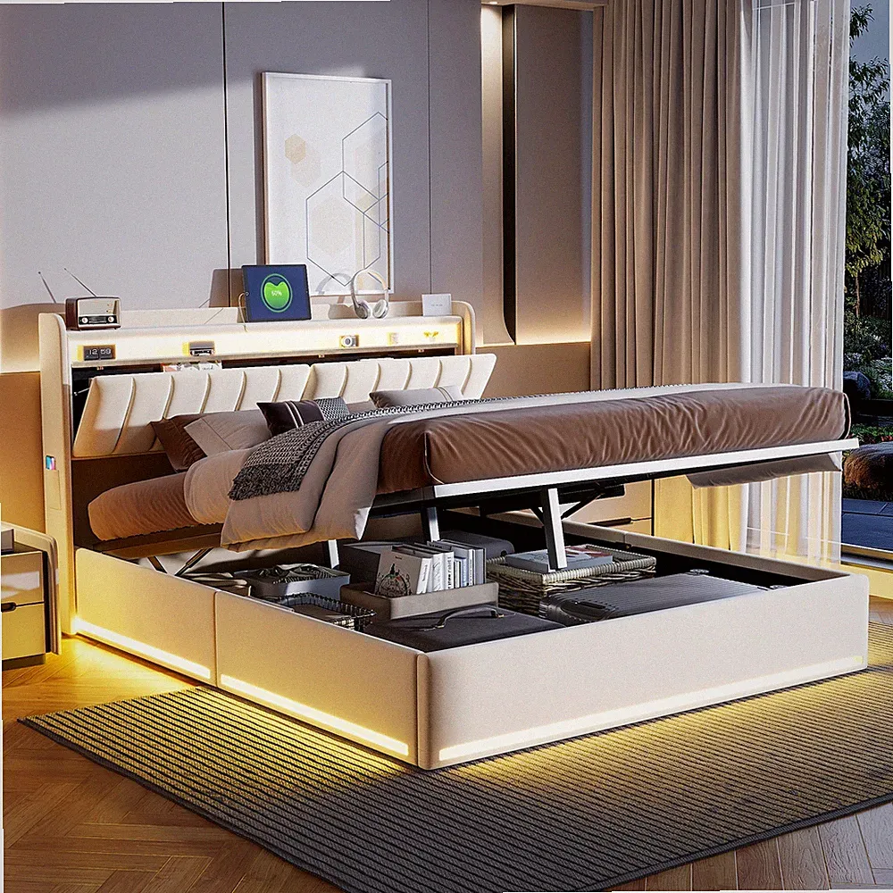 Boxspringbett 140x200 cm LED USB-Polsterbett Bettgestell mit Lattenrost Stauraum