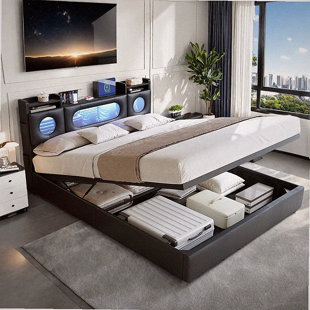 Boxspringbett 140x200 cm LED,USB Polsterbett Doppelbett mit Stauraum Lattenrost