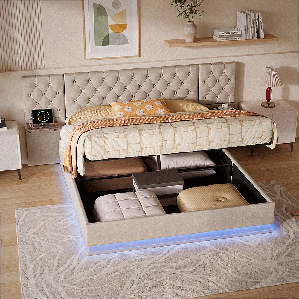 Boxspringbett 140x200 cm mit Lattenrost LED USB Stauraum Polsterbett Doppelbett