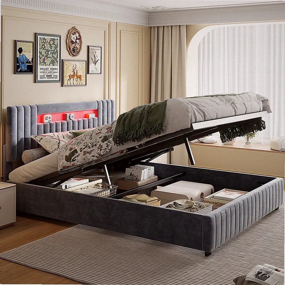 Boxspringbett 140x200 cm mit LED,Polsterbett Doppelbett mit Stauraum,Lattenrost