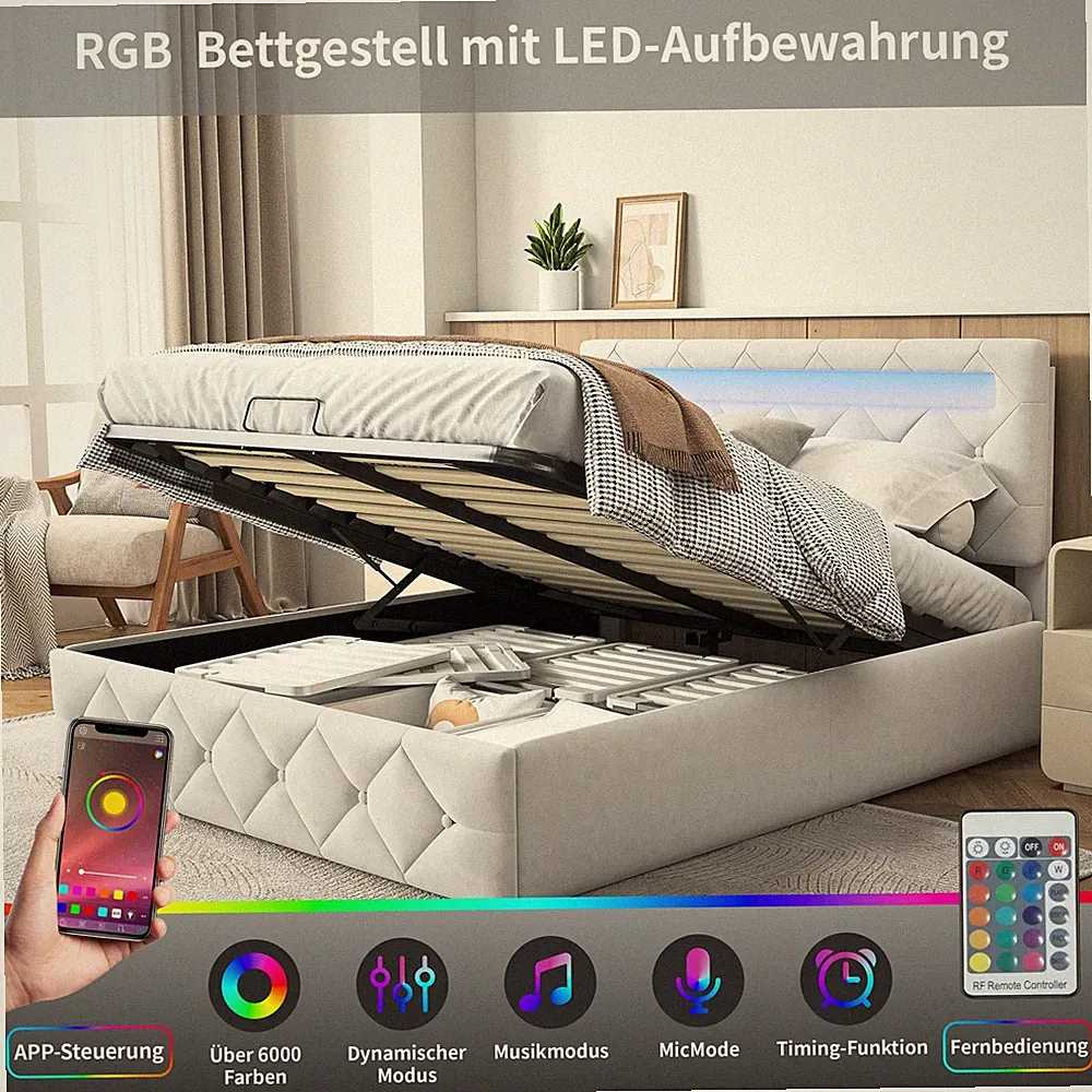Boxspringbett 140x200 cm Mit LED Polsterbett Stauraum Lattenrost Doppelbett