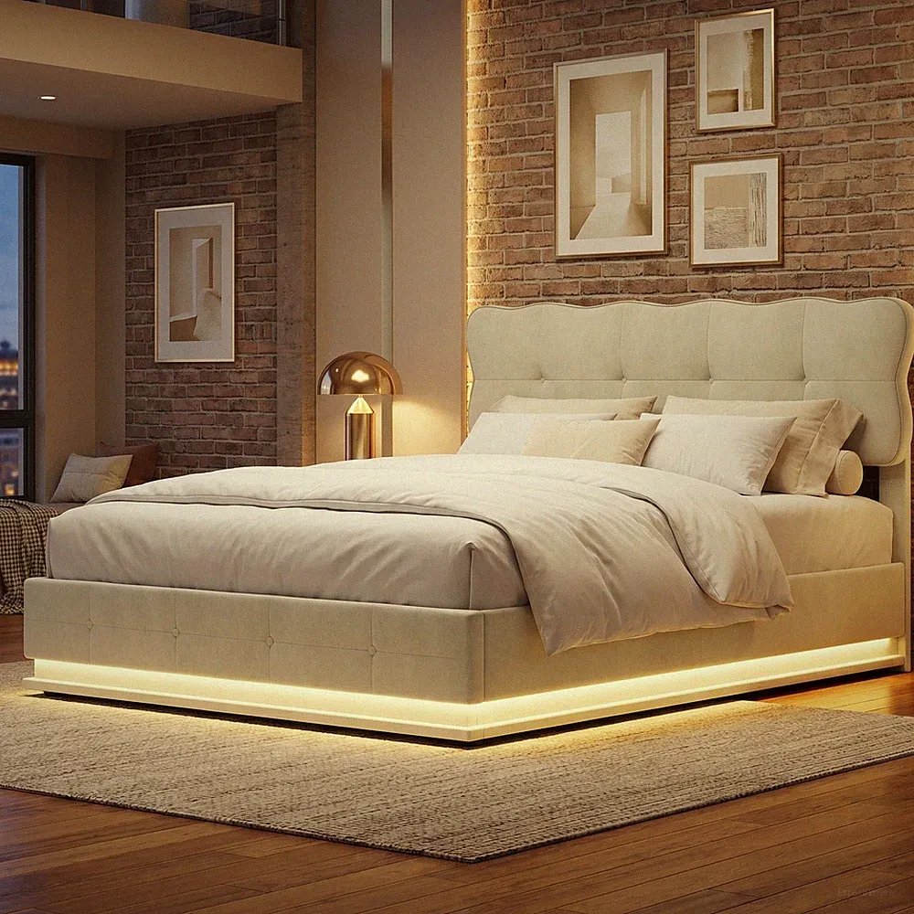 Boxspringbett 140x200 cm mit LED Stauraum Bettgestell Polsterbett mit Lattenrost
