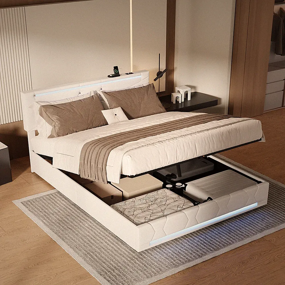 Boxspringbett 140x200 cm mit LED,USB,Lattenrost,Polsterbett 160x200,Stauraumbett
