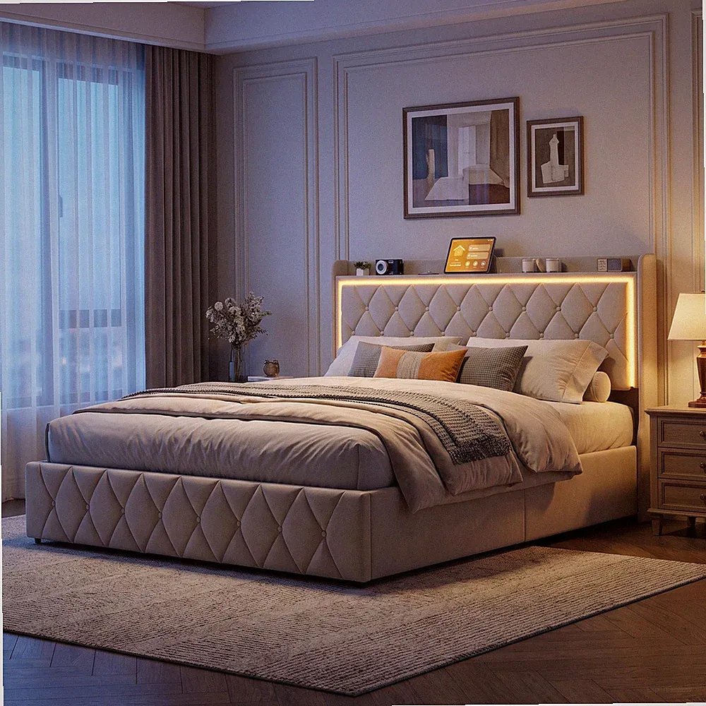 Boxspringbett 140x200 cm mit LED USB,Lattenrost Polsterbett Stauraum Doppelbett