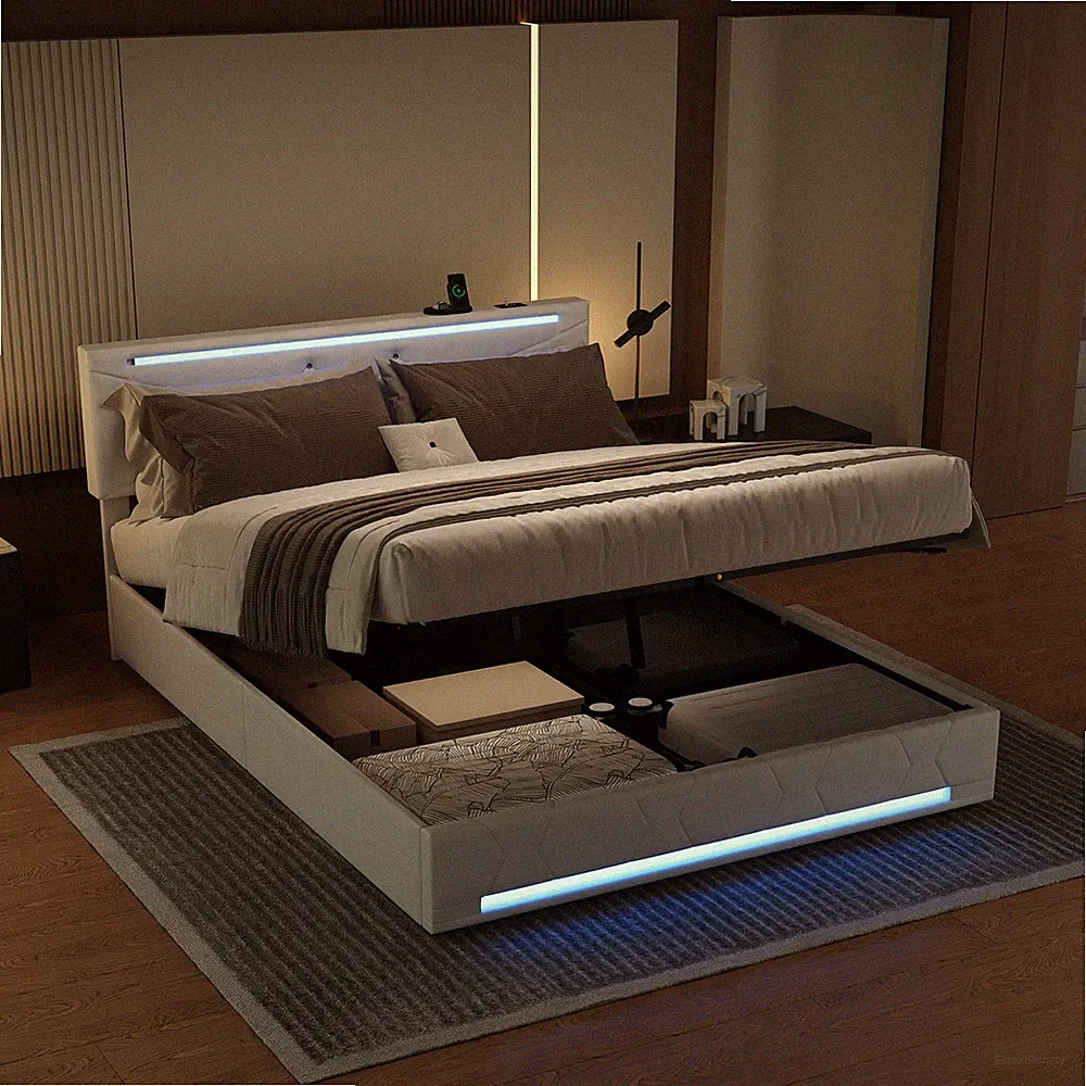 Boxspringbett 140x200 cm mit LED,USB,Lattenrost,Stauraum Polsterbett 160x200 cm