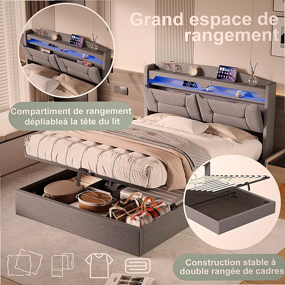 Boxspringbett 140x200 cm Mit LED,USB,Lattenrost,Stauraum Polsterbett,Doppelbett