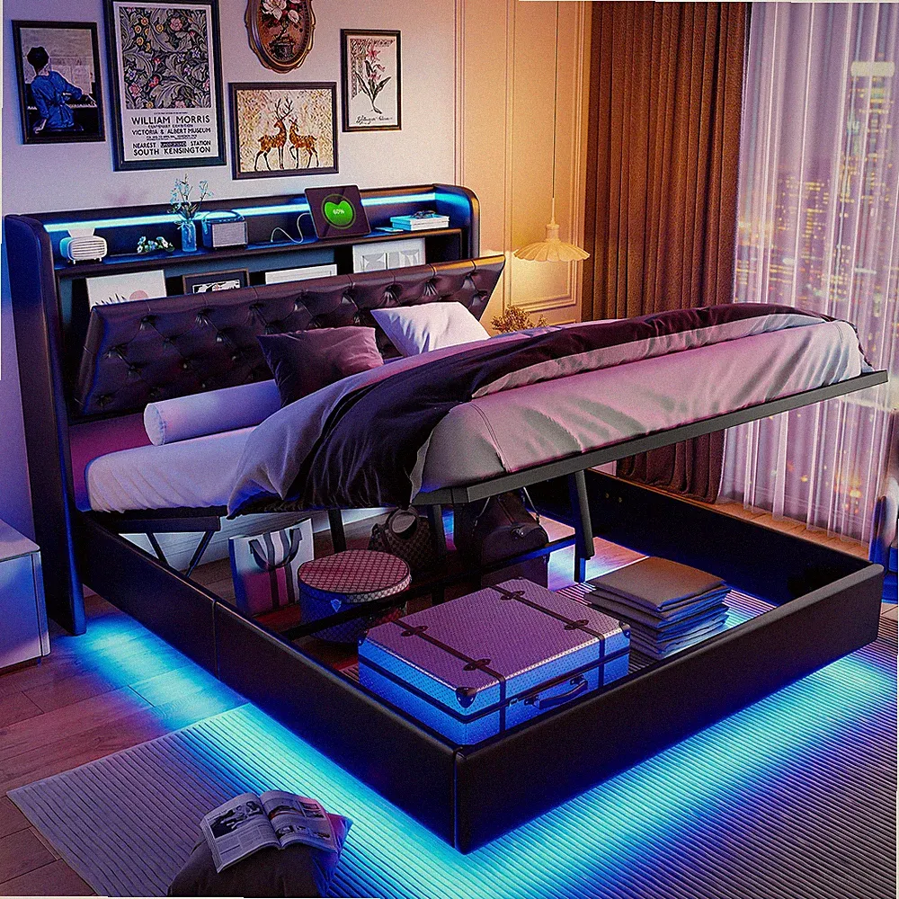 Boxspringbett 140x200 cm Mit LED USB Polsterbett Stauraum Lattenrost Doppelbett
